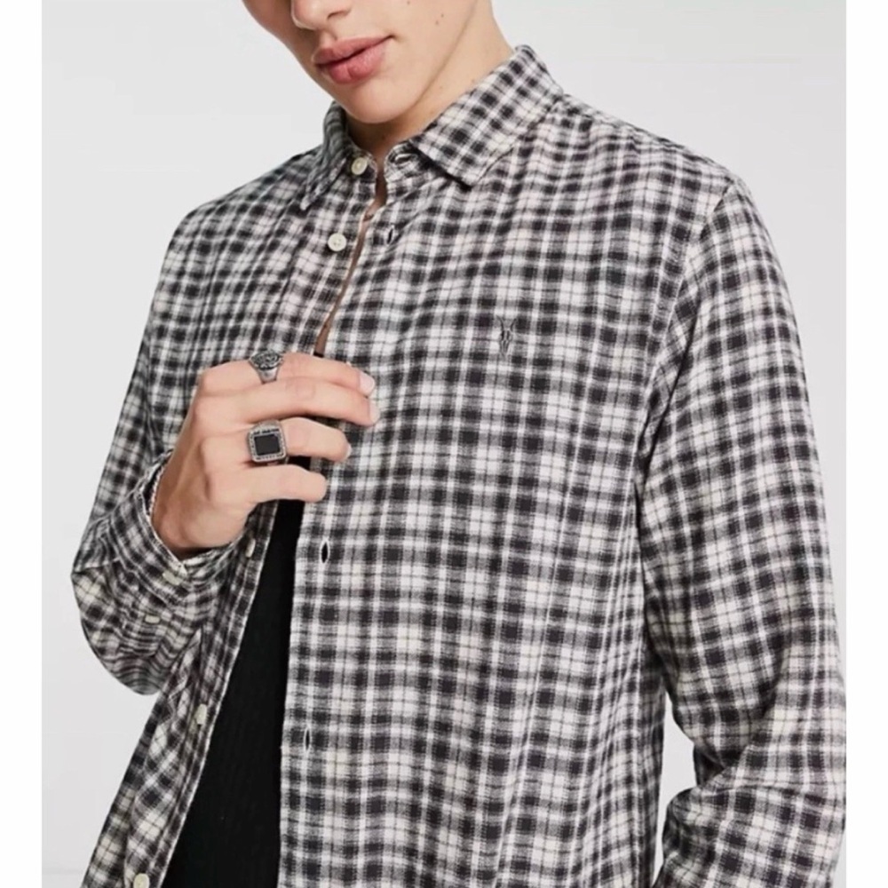 All Saints Mens Lexington Long-Sleeve Button Down Shirt Plaid L checked flannel